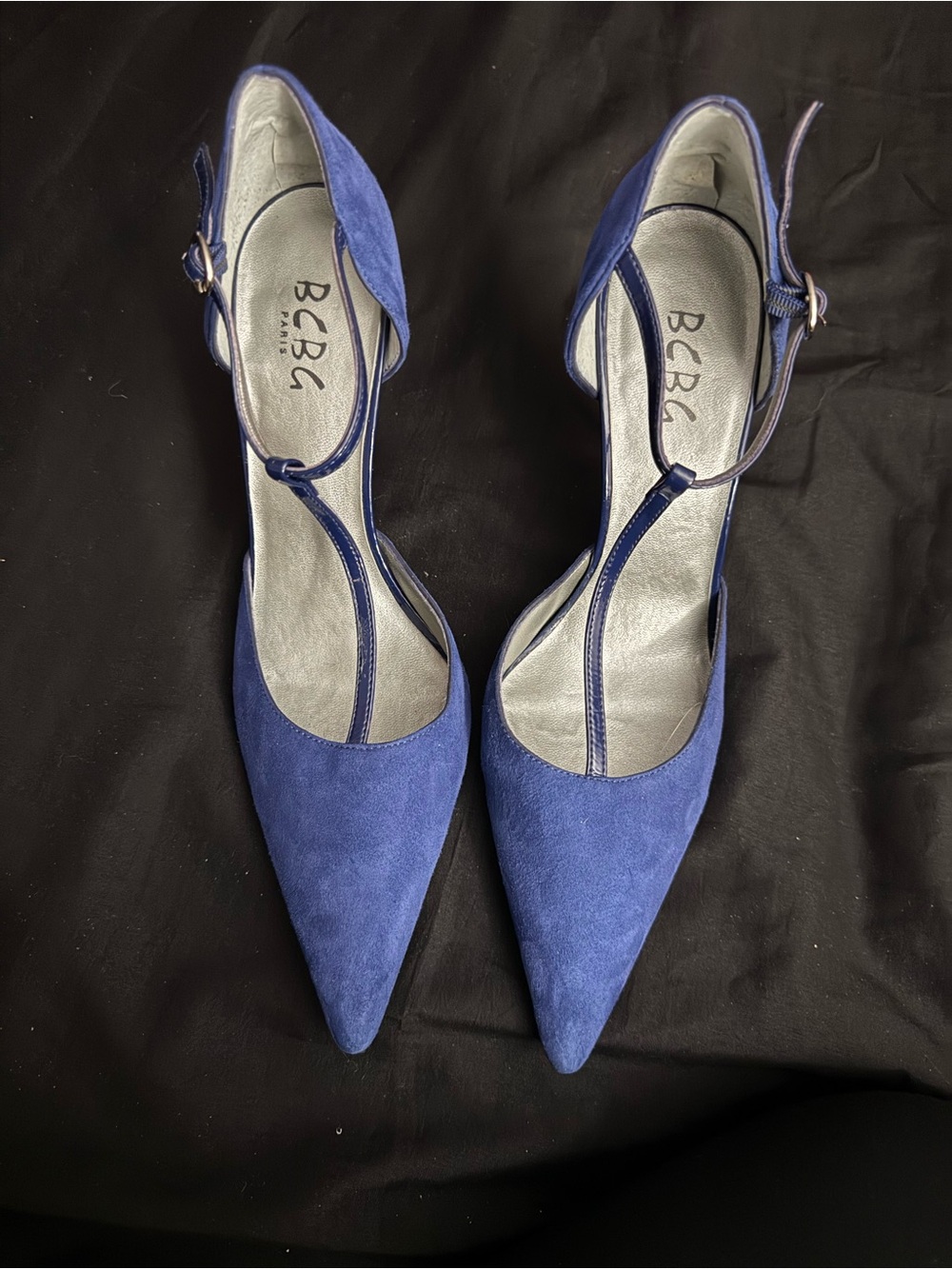BCBG Cobalt Blue Pointed Toe T-Strap Heels